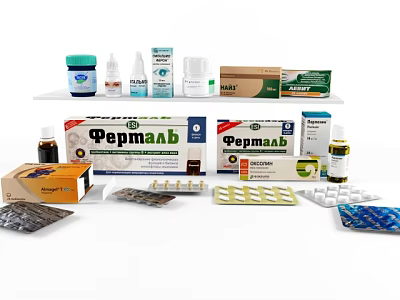 Medical Devices and Pharmaceutical Products Display on Shelves with Bottles Boxes Pills and Ointments 3d model