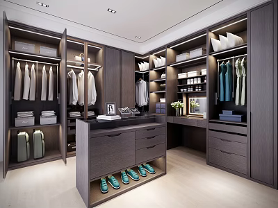 Modern Walk in Closet Interior Design With Hanging Clothes Shoe Storage Central Countertop And Drawers 3d model