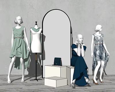 Fashion Mannequins Wearing Stylish Dresses With Handbags And Arch Mirror On Grey Backdrop 3d model