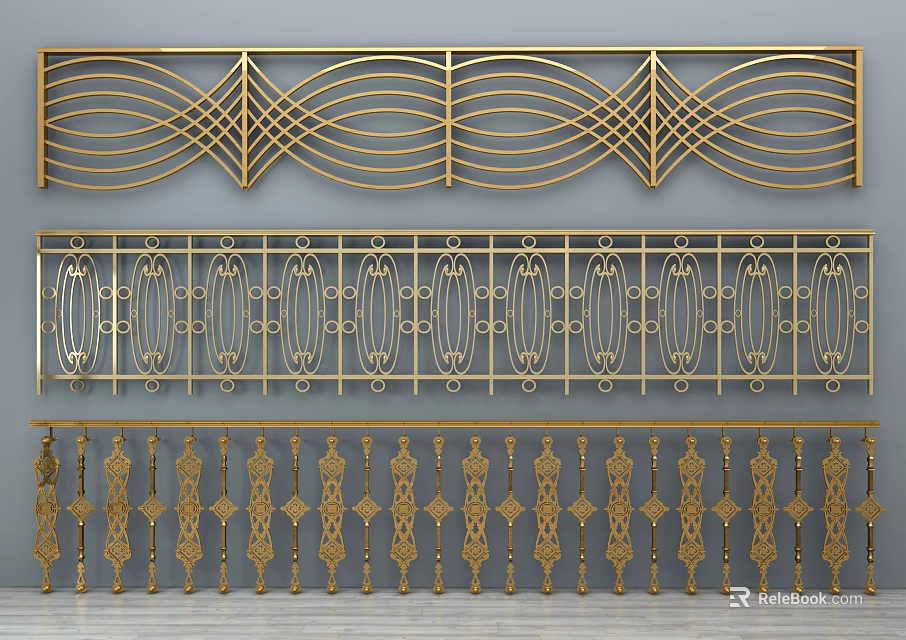 Golden Metal Railings With Various Intricate Patterns For Modern Elegant Decor 3d model 