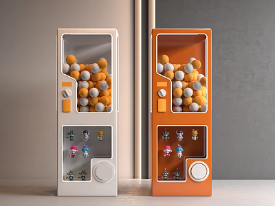 Two White And Orange Entertainment Vending Machines With Orange Gray Balls And Small Toys 3d model