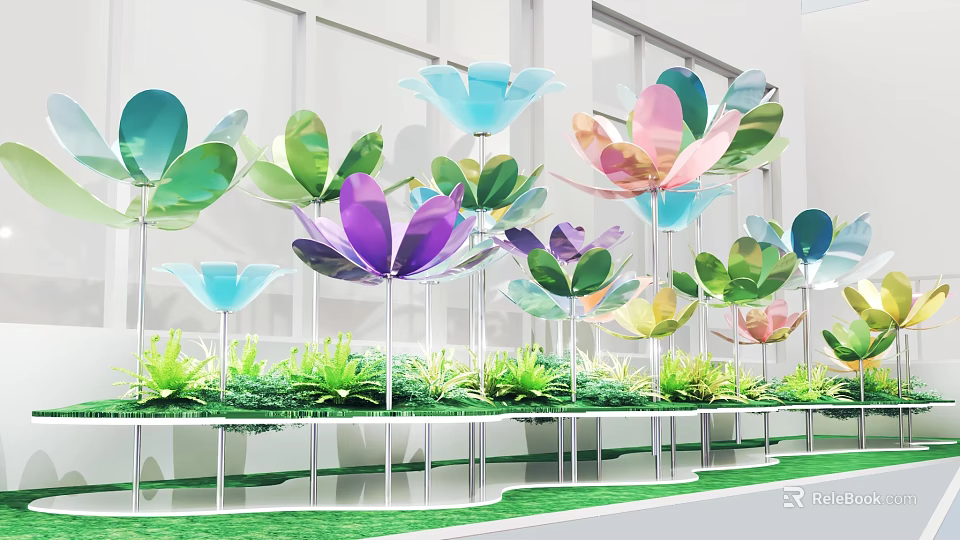 Colorful Metallic Floral Display With Lotus Shaped Blooms And Greenery Base Stand 3d model 