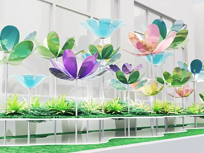 Colorful Metallic Floral Display With Lotus Shaped Blooms And Greenery Base Stand 3d model