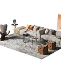 Modern Gray Sofa Coffee Table Set With Throw Pillows Ottomans And Artwork On Soft Rug 3d model