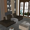 Modern Luxury Living Room Interior With Beige Tufted Sofa Bookshelves Coffee Table And Ocean View