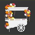 Colorful Balloon Decorated White Food Cart With Yellow Snacks Red Fruits And Treats