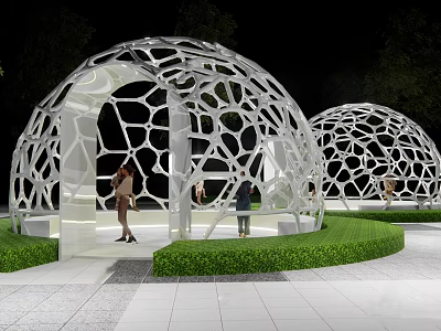 White Geodesic Pergola with Hollowed-out Geometric Patterns Surrounded by Green Lawn in Nighttime Illumination 3d model