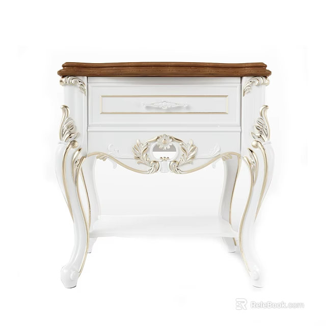 Elegant White Bedside Table With Gold Carved Accents Wooden Top And Drawer 3d model 