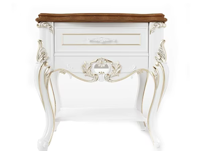 Elegant White Bedside Table With Gold Carved Accents Wooden Top And Drawer 3d model