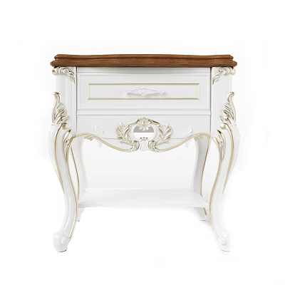 Elegant White Bedside Table With Gold Carved Accents Wooden Top And Drawer 3d model