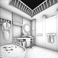 Hotel Bathroom With Wooden Ceiling Bathtub Flower Petals Round Mirror And Glass Shower