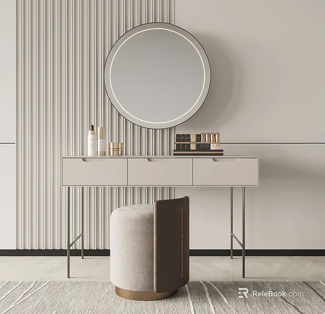 Modern Minimalist Dressing Table With Round Mirror Skincare Products Books And Stool 3d model 