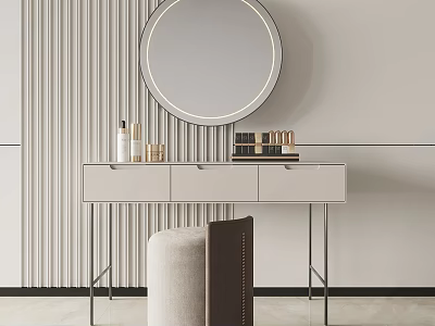 Modern Minimalist Dressing Table With Round Mirror Skincare Products Books And Stool 3d model