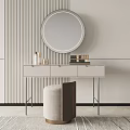 Modern Minimalist Dressing Table With Round Mirror Skincare Products Books And Stool