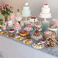 Assorted Cakes Macaron Tower Delicious Desserts On Party Display Table With Pink Balloons Rose Bouquet Glassware And Bottled Drinks