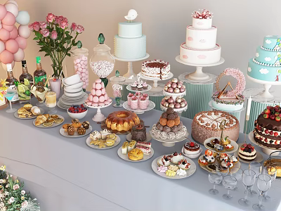 Assorted Cakes Macaron Tower Delicious Desserts On Party Display Table With Pink Balloons Rose Bouquet Glassware And Bottled Drinks 3d model