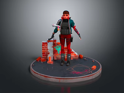 Construction Worker In Red Pants And Black Vest Standing With Tools Bricks On Circular Platform 3d model