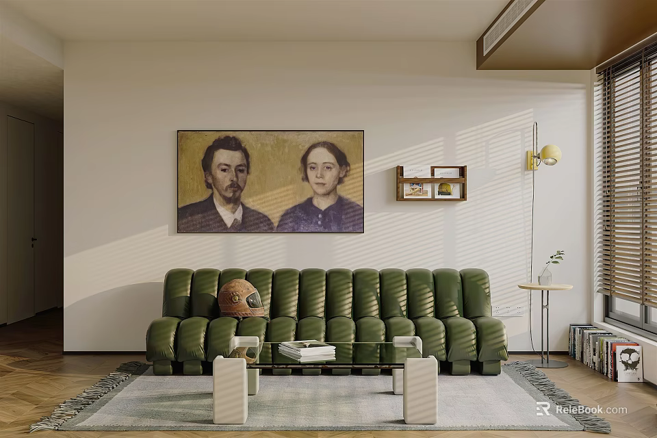 Modern Living Room Interior With Green Velvet Sofa Wall Art Area Rug And Side Table 3d model 