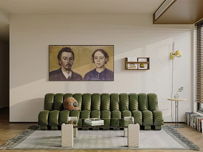 Modern Living Room Interior With Green Velvet Sofa Wall Art Area Rug And Side Table 3d model