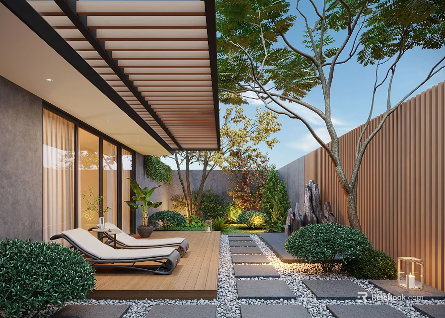 Serene Courtyard Garden with Wooden Deck Loungers Lush Green Plants Stone Pathway and Wooden Fence 3d model 