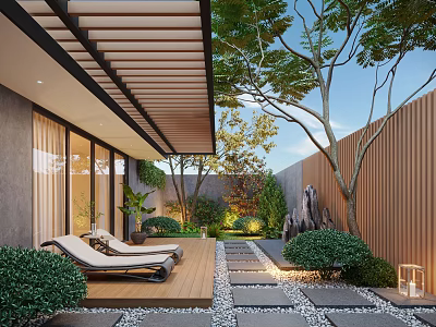 Serene Courtyard Garden with Wooden Deck Loungers Lush Green Plants Stone Pathway and Wooden Fence 3d model