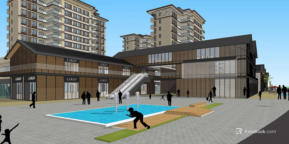 Modern Commercial Street with High Rise Buildings Retail Shops and Fountain Square 3d model 