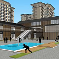 Modern Commercial Street with High Rise Buildings Retail Shops and Fountain Square