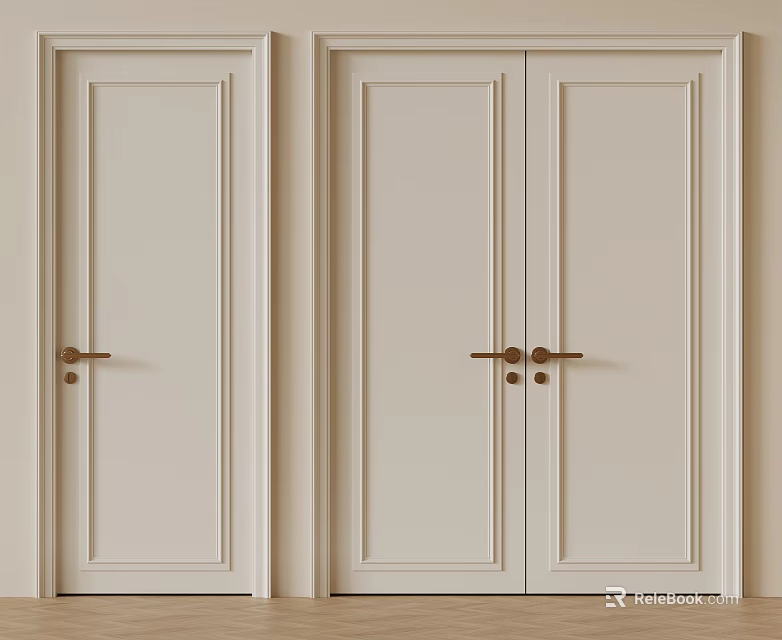 Light Colored Interior Double Doors With Single Door And Golden Handles 3d model