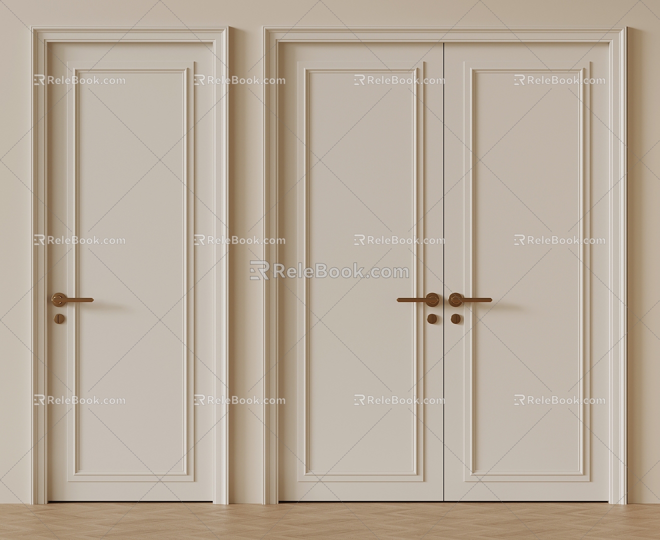 French Cream Double Door Single Door Swing Door Wooden Door 3d model