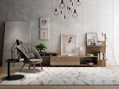 Modern Wooden TV Stand With Wall Art Pendant Lights Green Plant And Geometric Rug 3d model