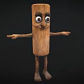 Wooden Cylindrical Game and Movie Character With Large Eyes Outstretched Arms and Wood Grain Texture