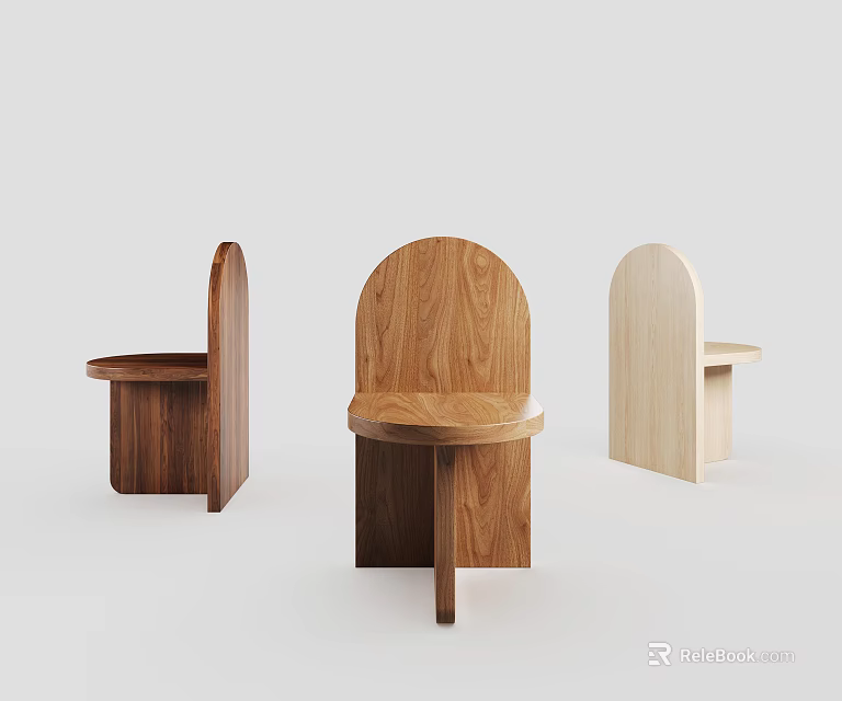 Three Wooden Dining Chairs With Minimalist Design In Different Natural Wood Tones 3d model 