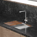 Modern Kitchen Interior Design With Wooden Cabinets Wall Mounted Units And Black Countertop