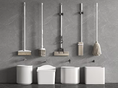 Cleaning Tools On Gray Wall With White Containers 3d model