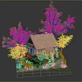 Log Cabin Model Scene With Green Trees Vintage Car Fence and Stone Path