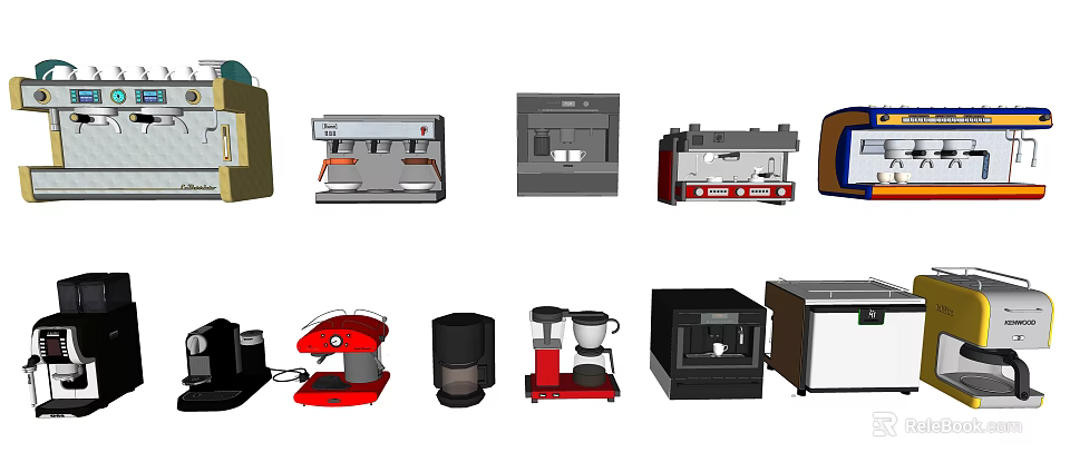 Essential Kitchen Appliances Collection Showcasing Coffee Maker Oven Microwave And Blender 3d model