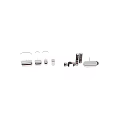 Modern Freestanding White Bathtub with Black Accent Shelves Side Table and Bathroom Accessories