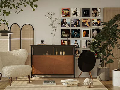 Stylish Dresser in Modern Living Room With Photo Wall Armchair and Green Plant 3d model