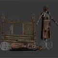 Antique Wooden Cart With Wheels Standing Ancient Clothed Figure And Lying Model On Ground