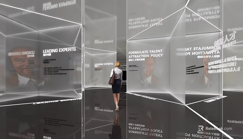 Modern Exhibition Hall With Transparent Geometric Panels Displaying Text Content And Visitor Walking 3d model 