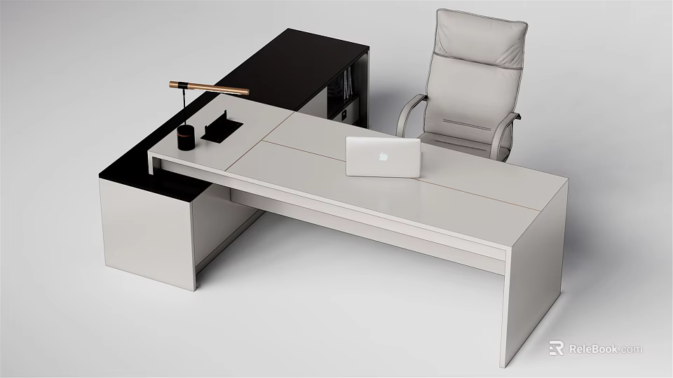 Modern Office Desk With White And Black Top Design Laptop Desk Lamp And Gray Chair 3d model 