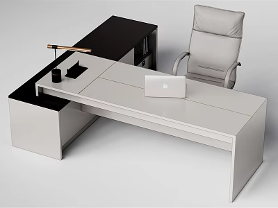 Modern Office Desk With White And Black Top Design Laptop Desk Lamp And Gray Chair 3d model