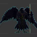 Mythical Raven Creature With Spear Large Feathered Wings And Leather Harness