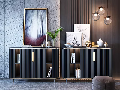 Modern Elegant Console Cabinet And Side Cabinet With Golden Handles Decorative Paintings And Potted Plant 3d model