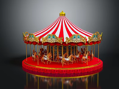 Children Riding Colorful Carousel With Red White Striped Canopy And Golden Decorations 3d model