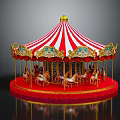 Children Riding Colorful Carousel With Red White Striped Canopy And Golden Decorations
