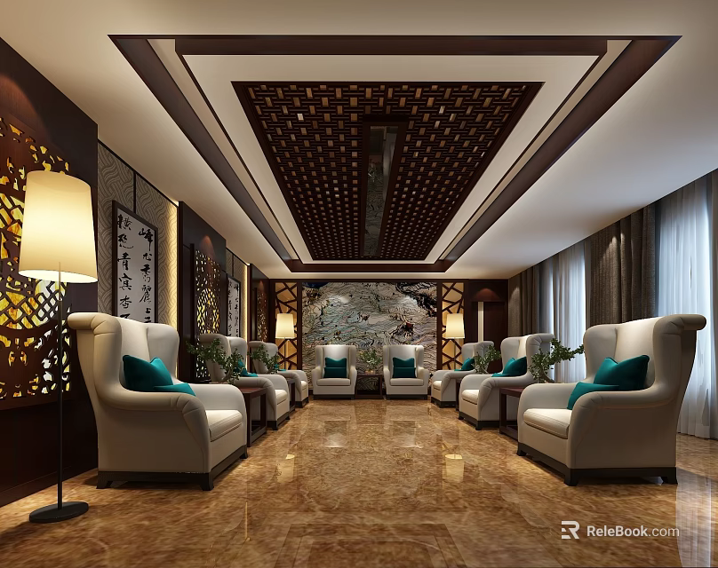 Hotel Public Lounge Area With White Armchairs Green Cushions Calligraphy Walls And Intricate Ceiling 3d model 