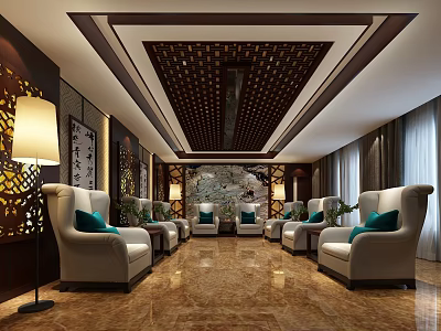Hotel Public Lounge Area With White Armchairs Green Cushions Calligraphy Walls And Intricate Ceiling 3d model