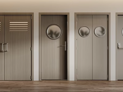 Row Of Modern Hinged Doors Featuring Circular Windows Wooden Panels And Metal Handles 3d model