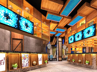 Modern Restaurant Interior Design With Wooden Ceiling Blue Accents Large Screens And Decorative Plants 3d model